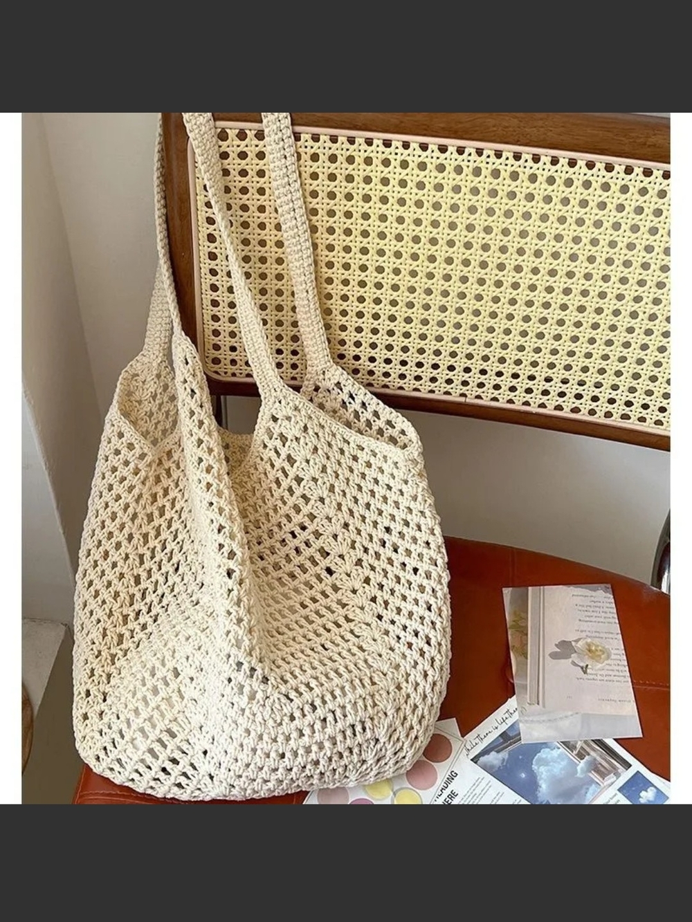Cream Crochet Tote Bag with Comfortable Shoulder Straps